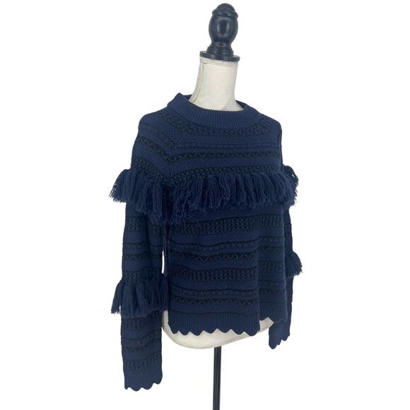 Jonathan Simkhai Tassel Fringe Knit Wool Sweater Black Blue Stripe - Picture 7 of 12